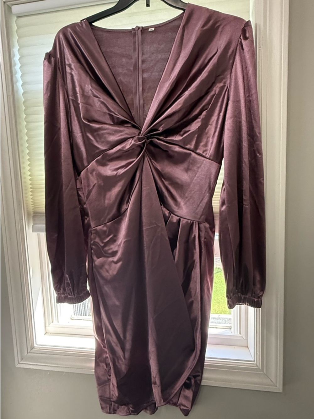 Twist Front Satin Dress in Deep Plum